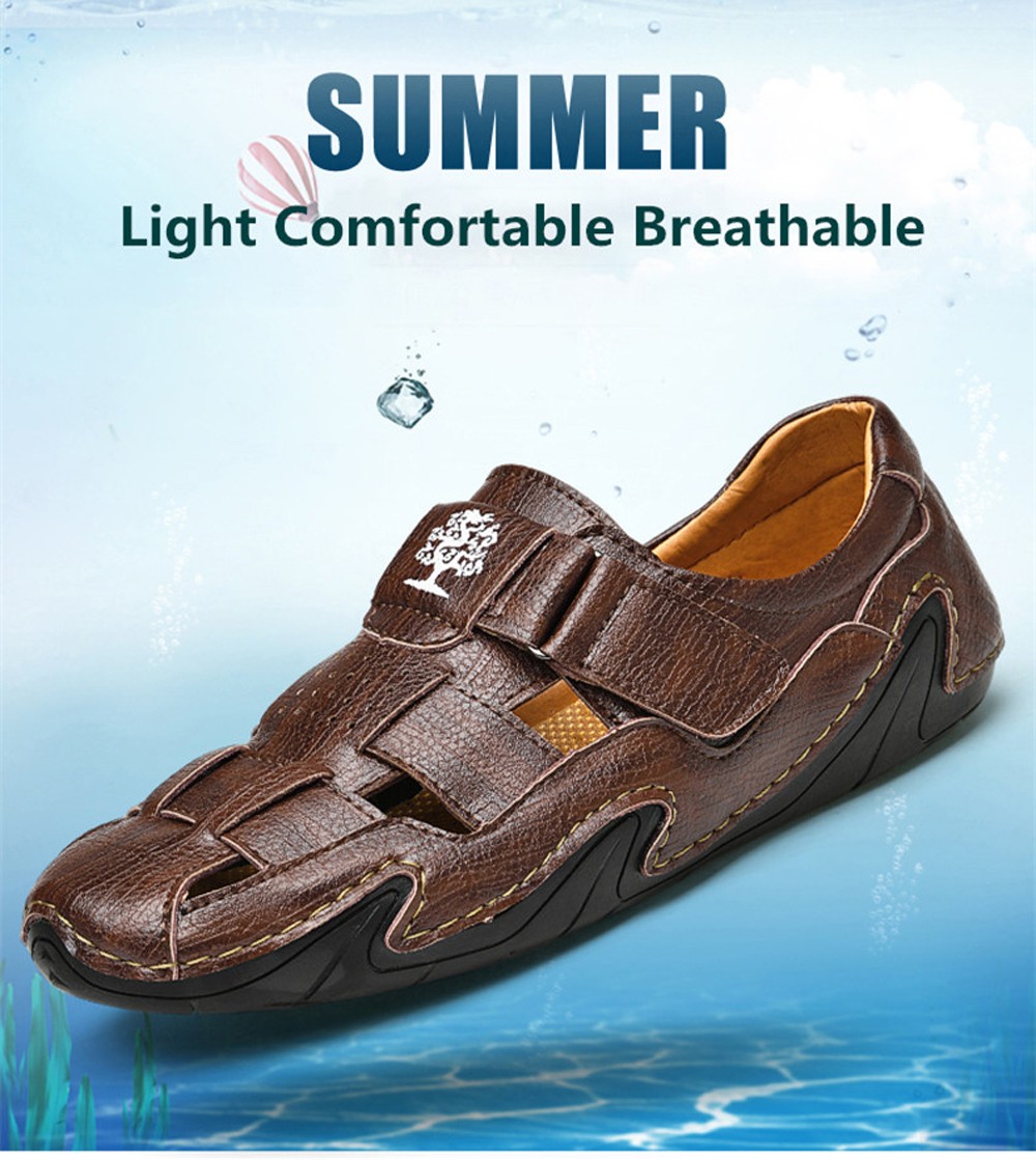 Summer Men Soft Leather Casual Sandals Non-Slip Driving Shoes - Deep Brown EU 42