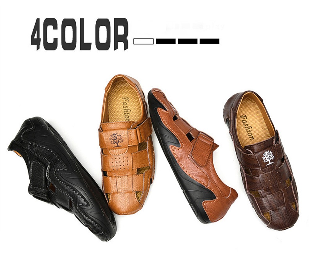 Summer Men Soft Leather Casual Sandals Non-Slip Driving Shoes - Deep Brown EU 42