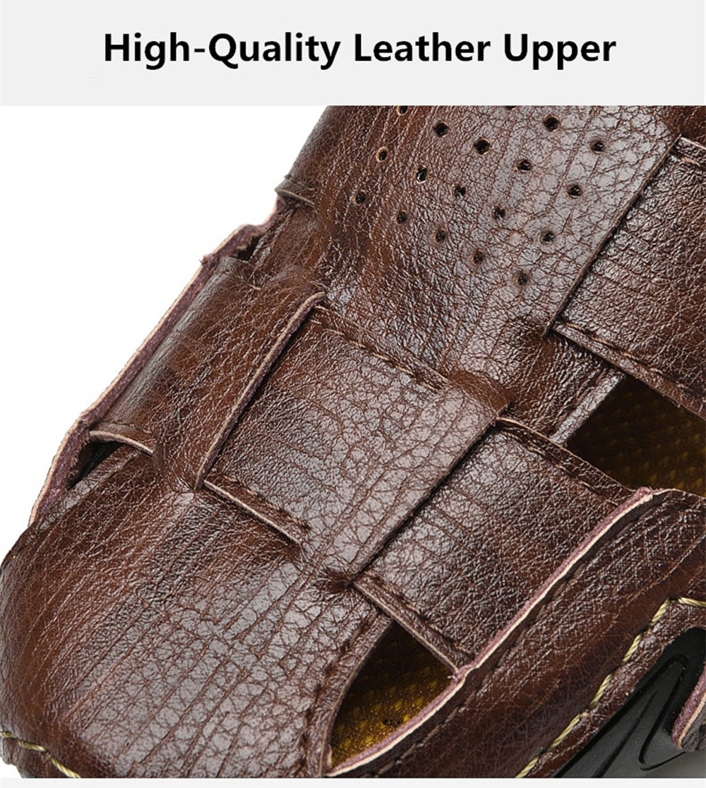 Summer Men Soft Leather Casual Sandals Non-Slip Driving Shoes - Deep Brown EU 42