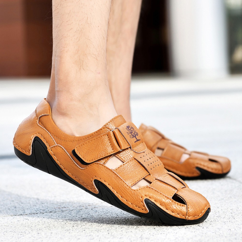 Summer Men Soft Leather Casual Sandals Non-Slip Driving Shoes - Deep Brown EU 42