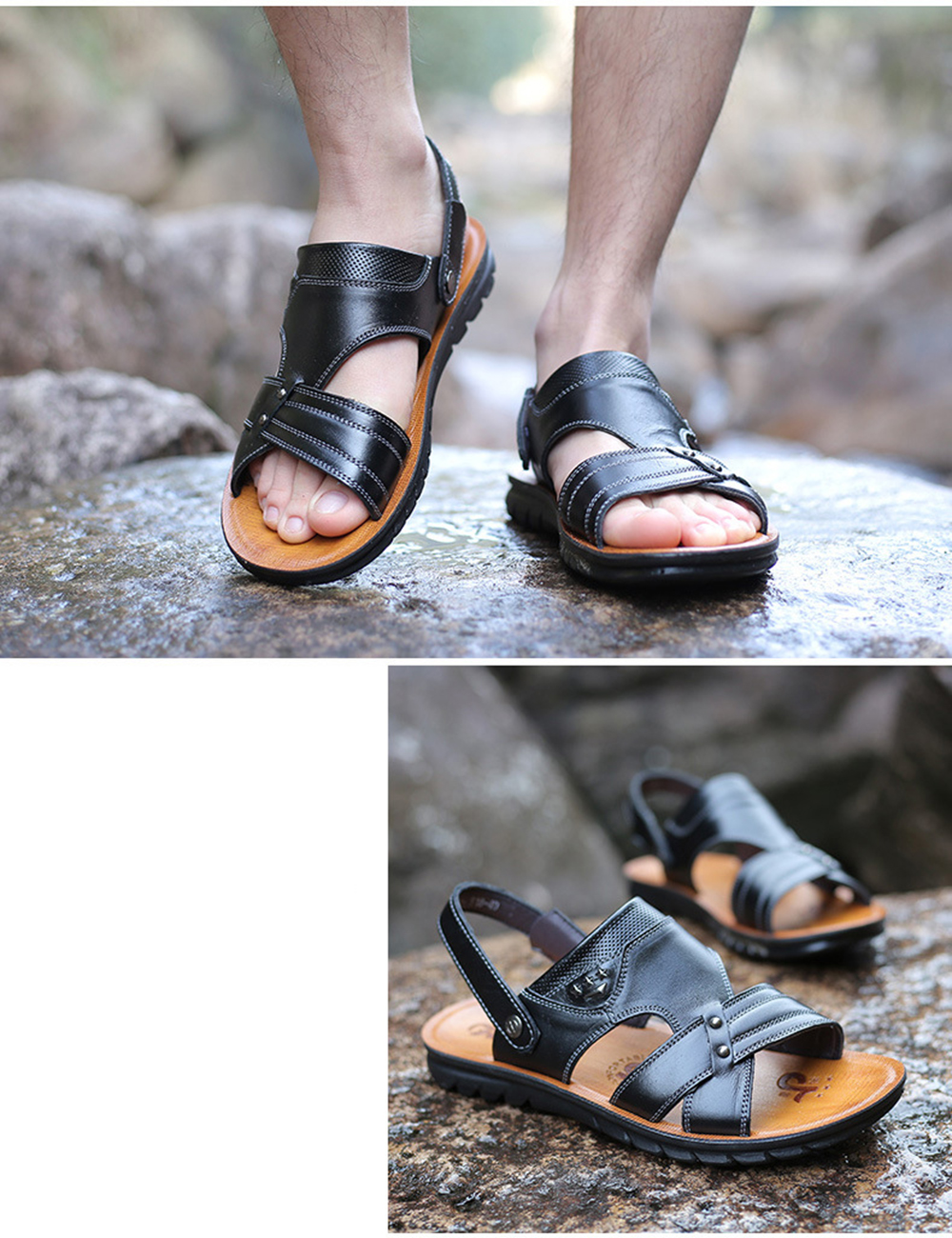 New First Layer Leather Beach Leather Men'S Sandals- Black EU 41