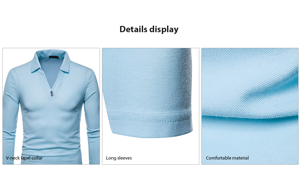 Men's Large Size V-neck Lapel Long Sleeve T-shirt- Light Blue 2XL