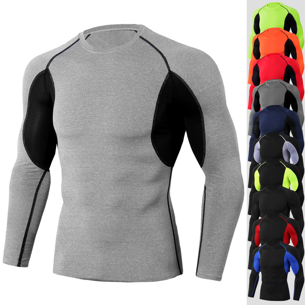 Tight Stretch Sports Fitness Training Round Neck Long Sleeve Men'S T - Shirt- Multi-A XL