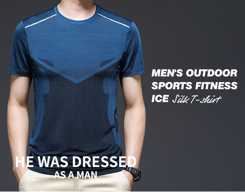 NS372 Men Outdoor Sports Fitness Short Sleeve Round Neck T-shirt Ice Silk Tops - Silk Blue L