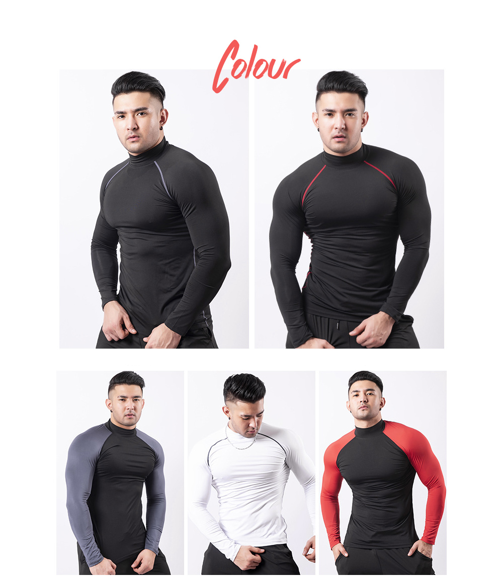 High Collar Fitness Clothes Men's Tight-fitting Veneer Quick Long Sleeve T-shirt Padded Basketball Running Sports Top - Long Sleeve D1976 (high Collar) Black + Red Sleeve + Black Line XL